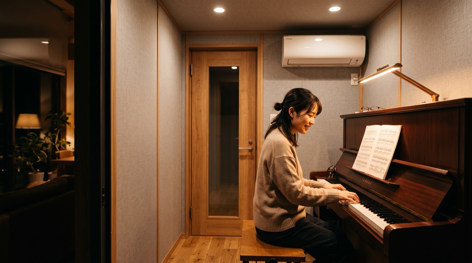 自宅の防音室でピアノを弾く様子